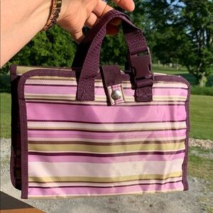 Thirty-One Pink and Green Striped hanging makeup bag snap closure
